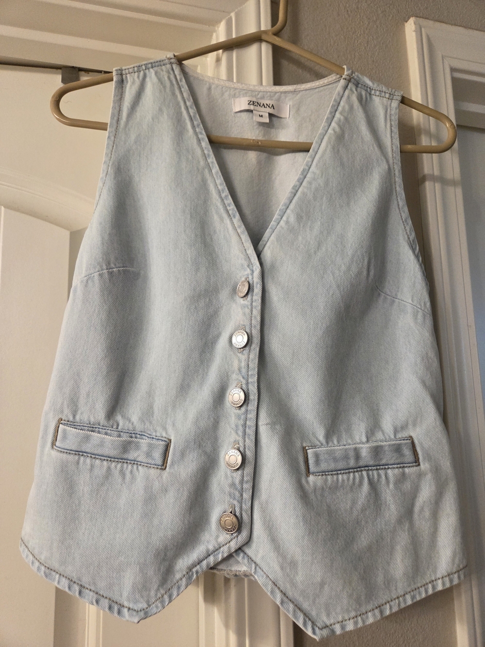 Zenana Light Blue Denim Vest - Sleeveless Button Front M